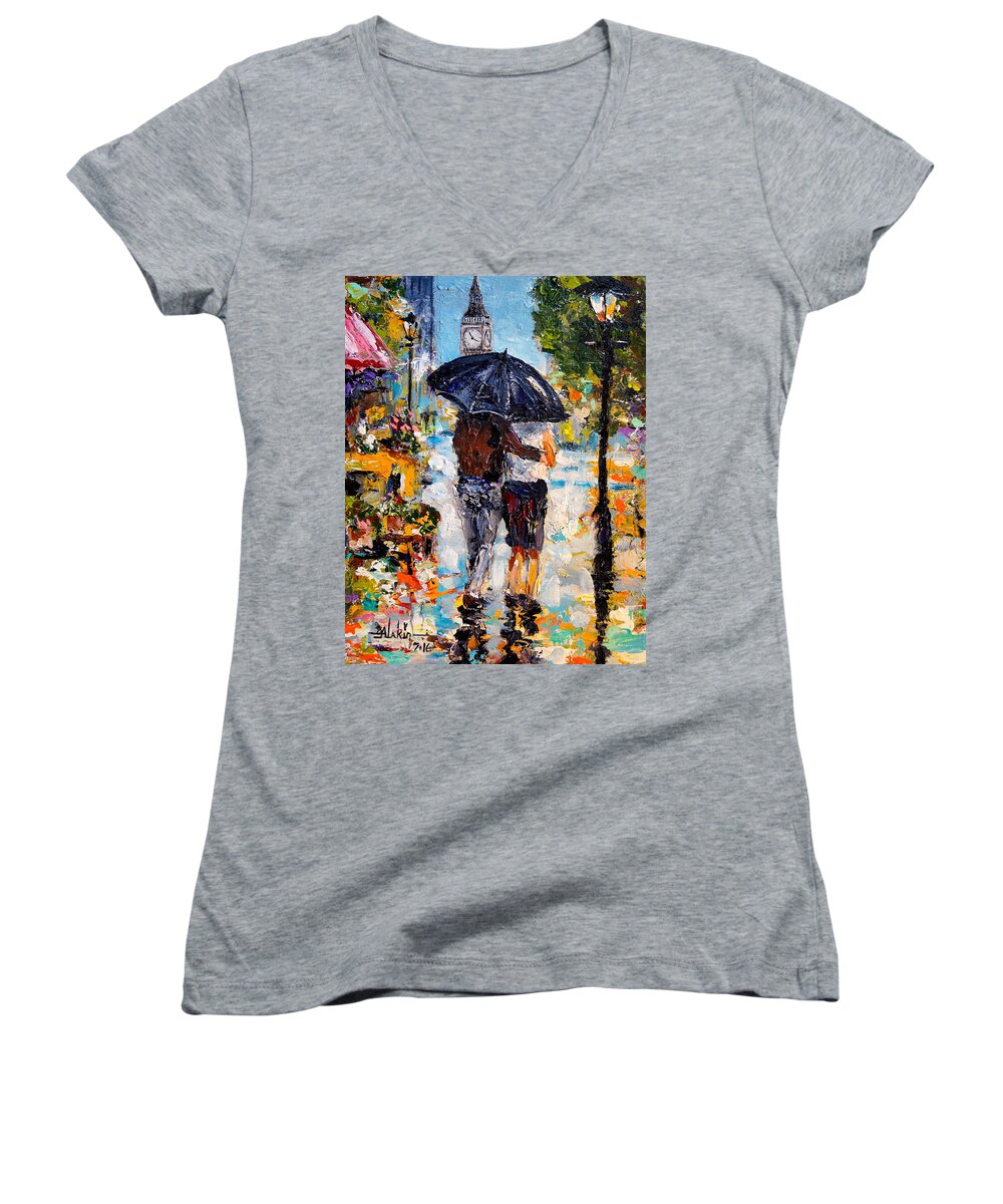 London Women's V-Neck featuring the painting Rainy Day in Olde London Town by Alan Lakin