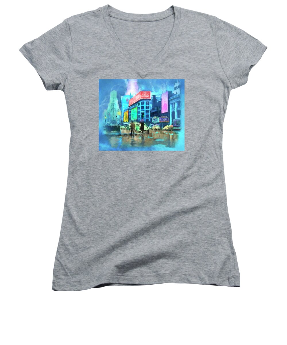 New York City Women's V-Neck featuring the painting Rainy Night In New York by Michael Cleere