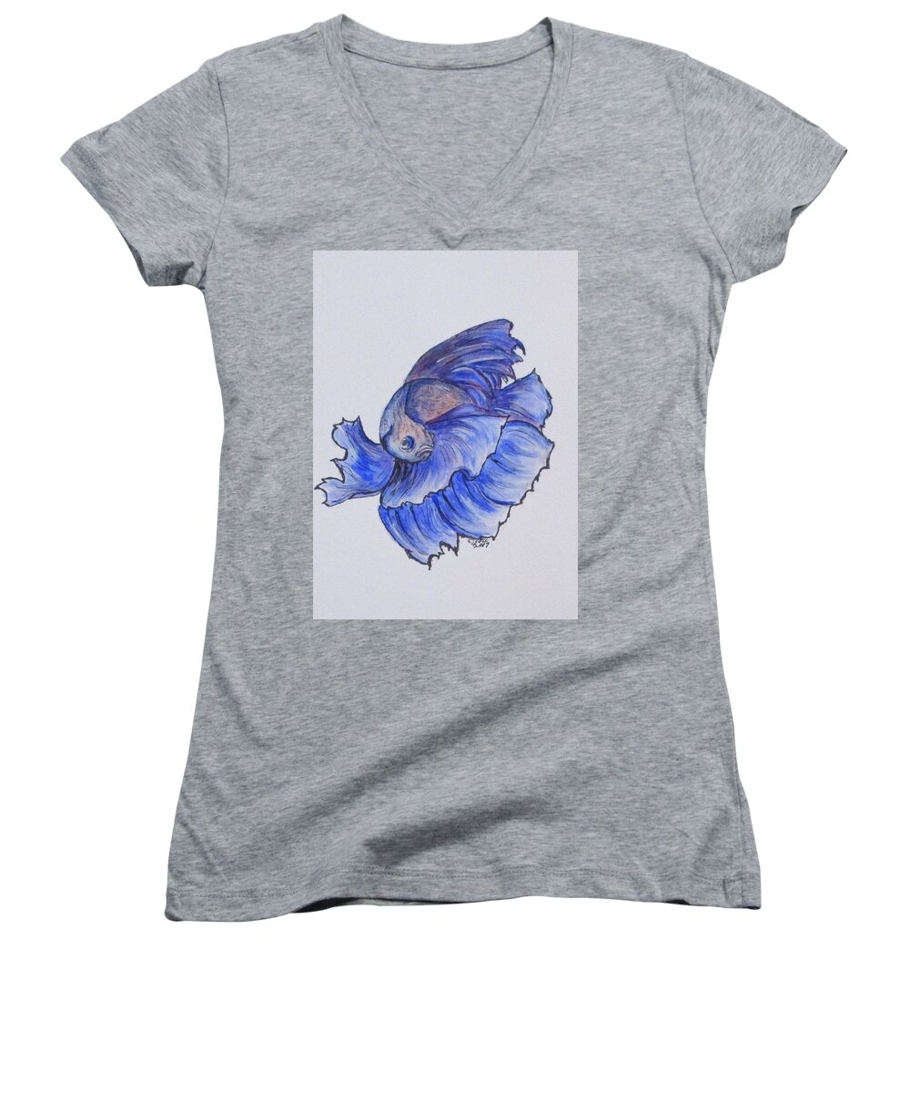 Betta Fish Women's V-Neck featuring the painting Ralphi, Betta Fish by Clyde J Kell