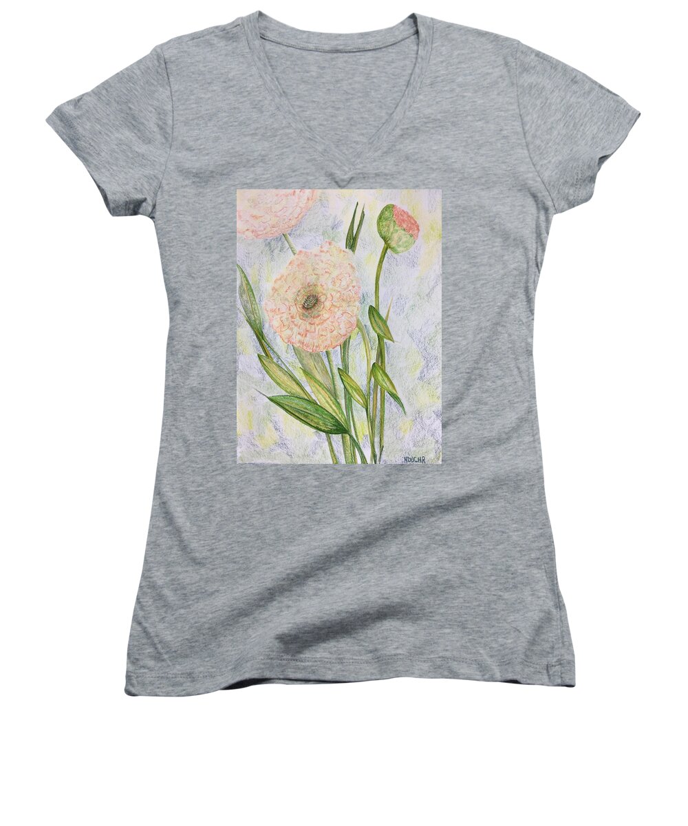 Flower Women's V-Neck featuring the drawing Ranunculus by Norma Duch