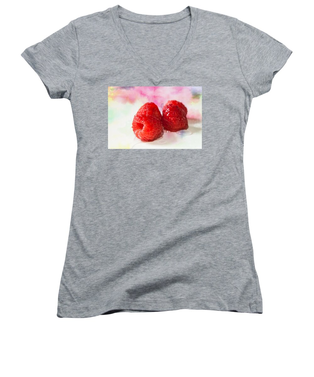 Fruits Women's V-Neck featuring the photograph Raspberries by Christine Sponchia