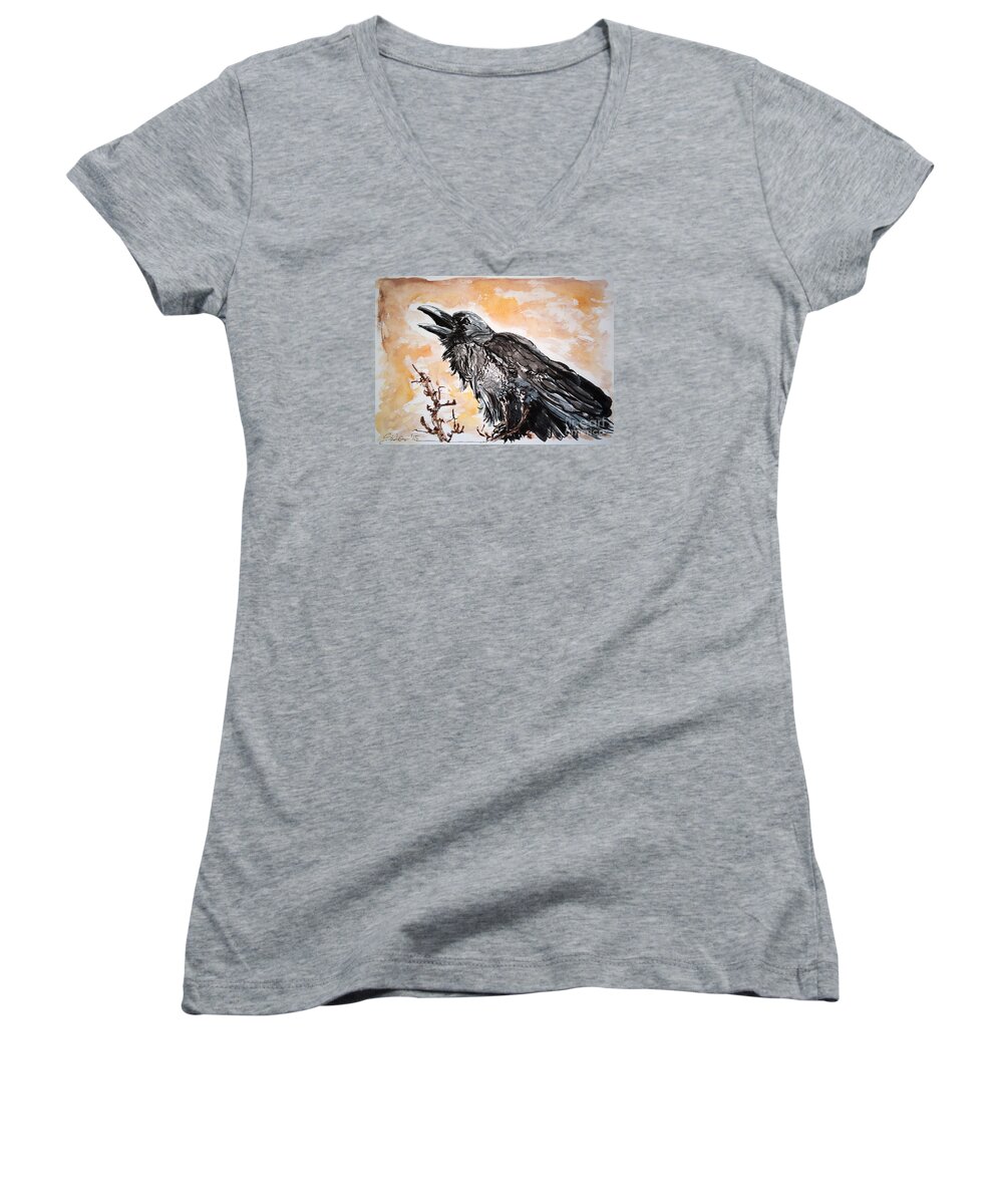 Watercolor Women's V-Neck featuring the painting Raven by Lidija Ivanek - SiLa