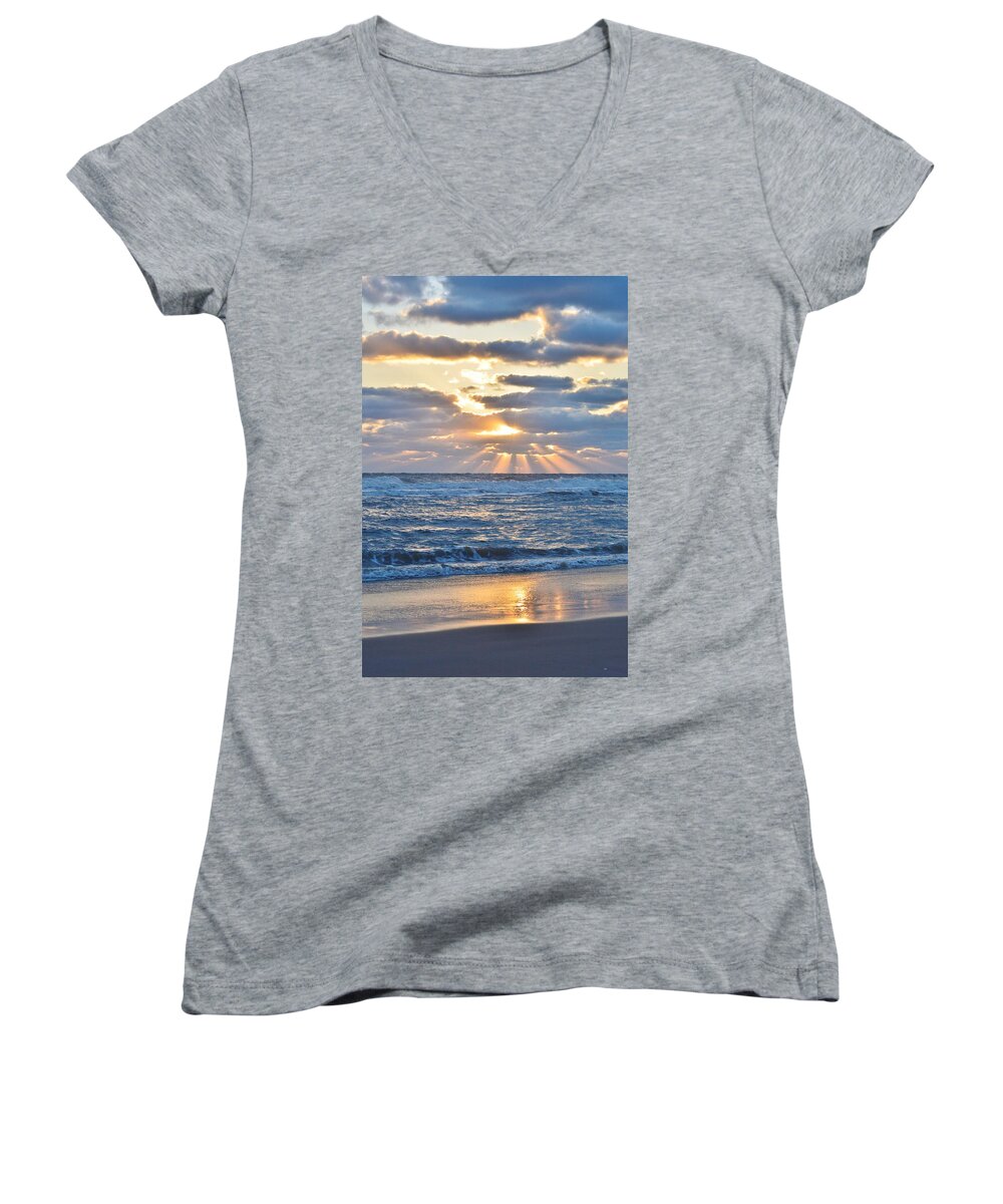 Obx Sunrise Women's V-Neck featuring the photograph Rays of light by Barbara Ann Bell
