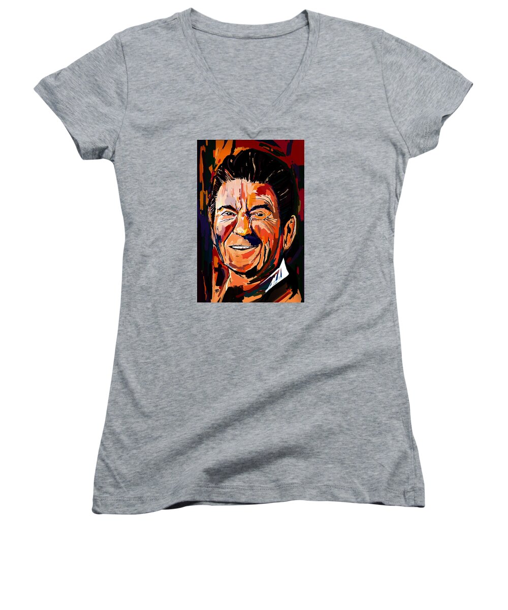  Women's V-Neck featuring the painting Reagan Revisited by John Gholson