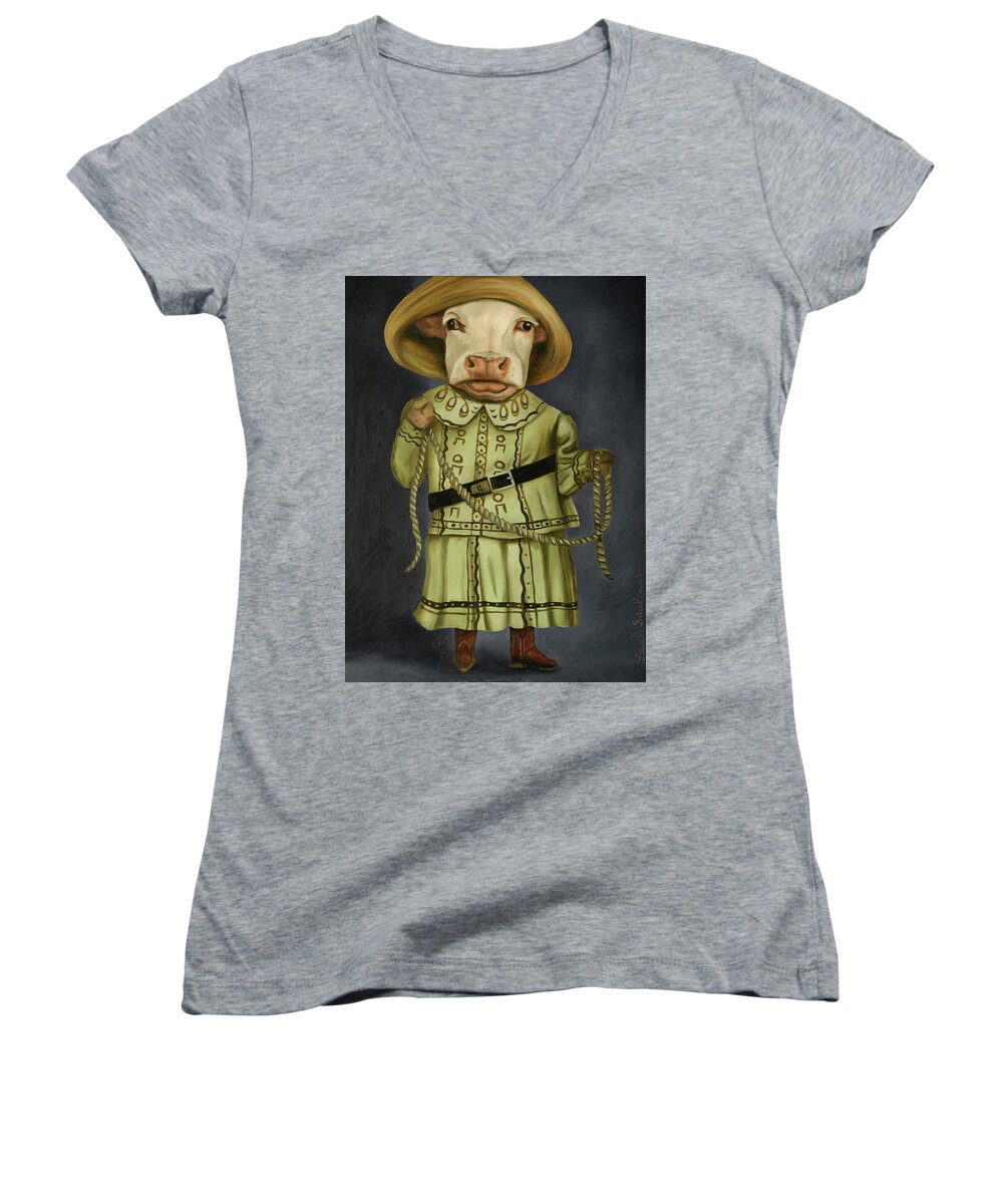 Cowgirl Women's V-Neck featuring the painting Real Cowgirl 2 by Leah Saulnier The Painting Maniac