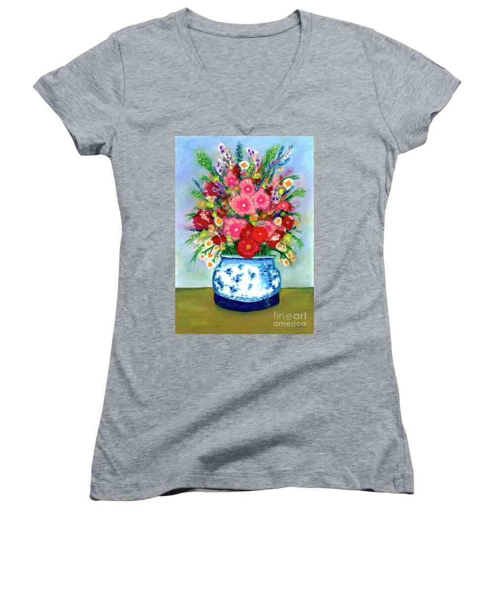 Red Women's V-Neck featuring the painting Red and Pink Rose Flower Garden Still Life Painting 615 by Ricardos Creations