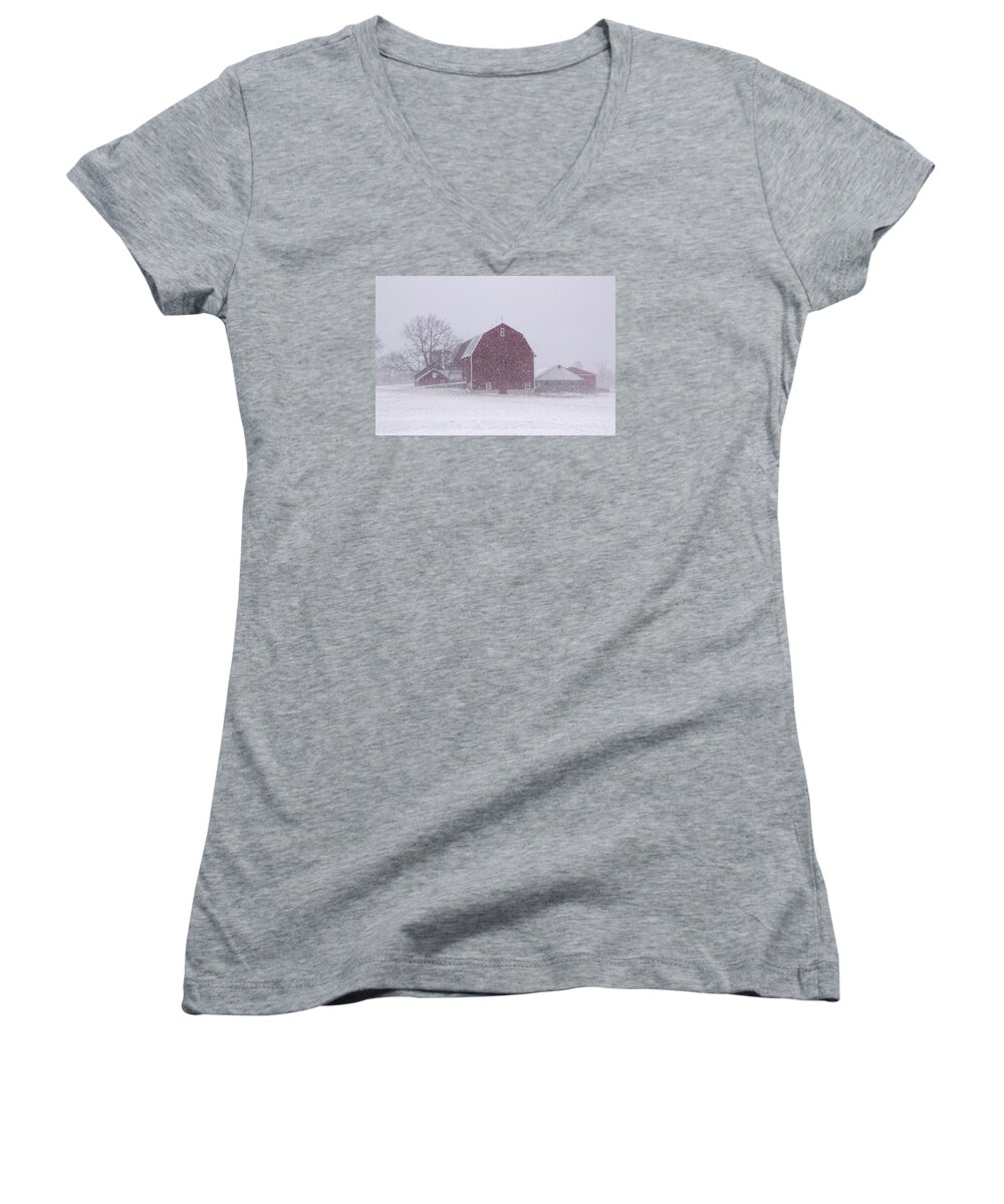 Barn Women's V-Neck featuring the photograph Red Barn in a Snowstorm by Randall Nyhof
