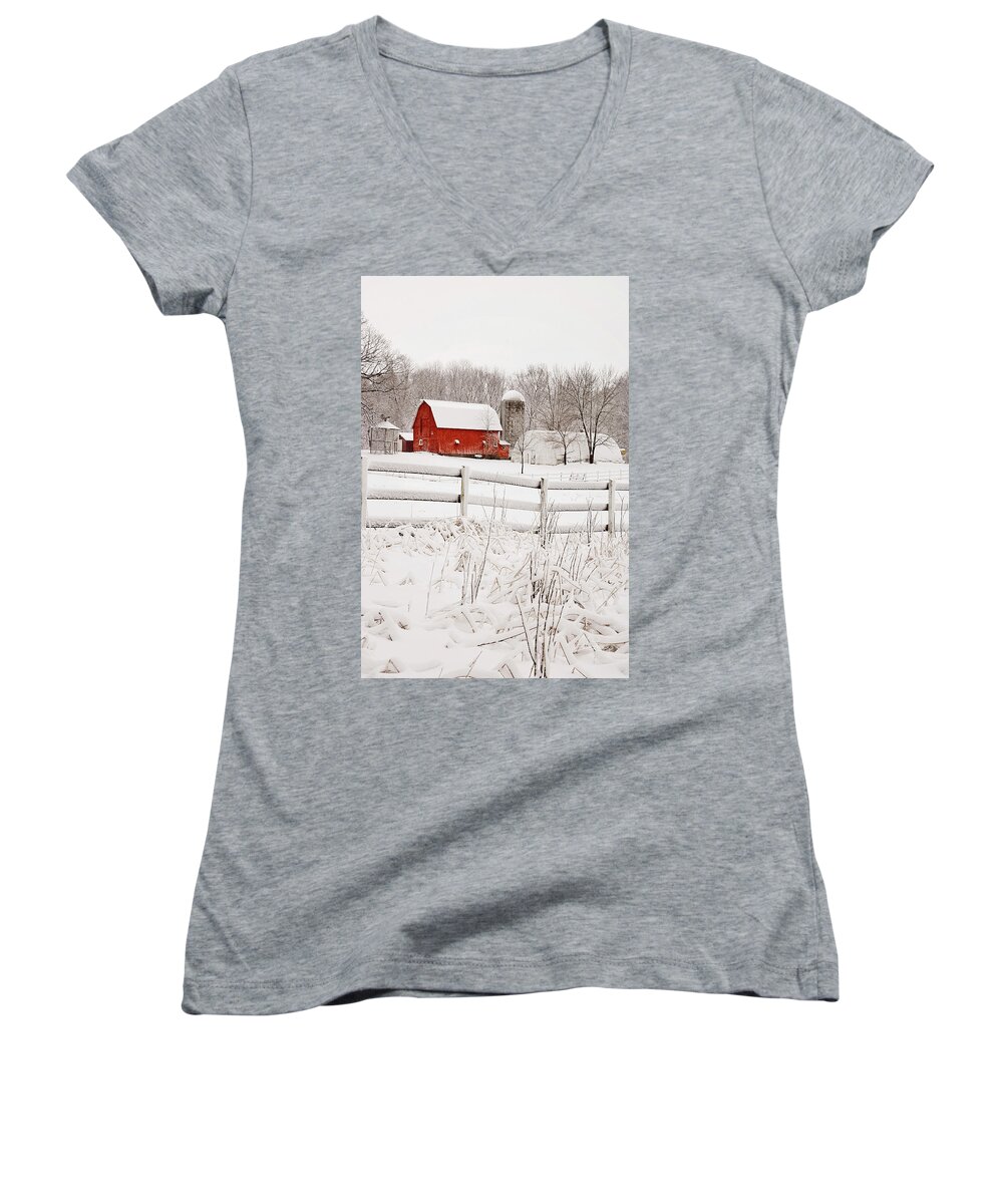 Michigan Women's V-Neck featuring the photograph Red Barn in Winter by Jill Love