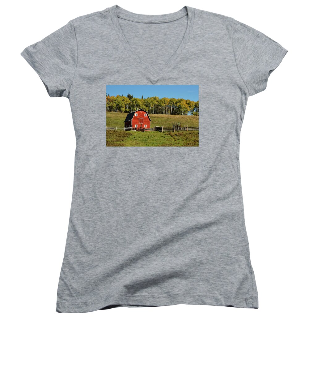 Sky Women's V-Neck featuring the photograph Red barn on the hill by Celine Pollard