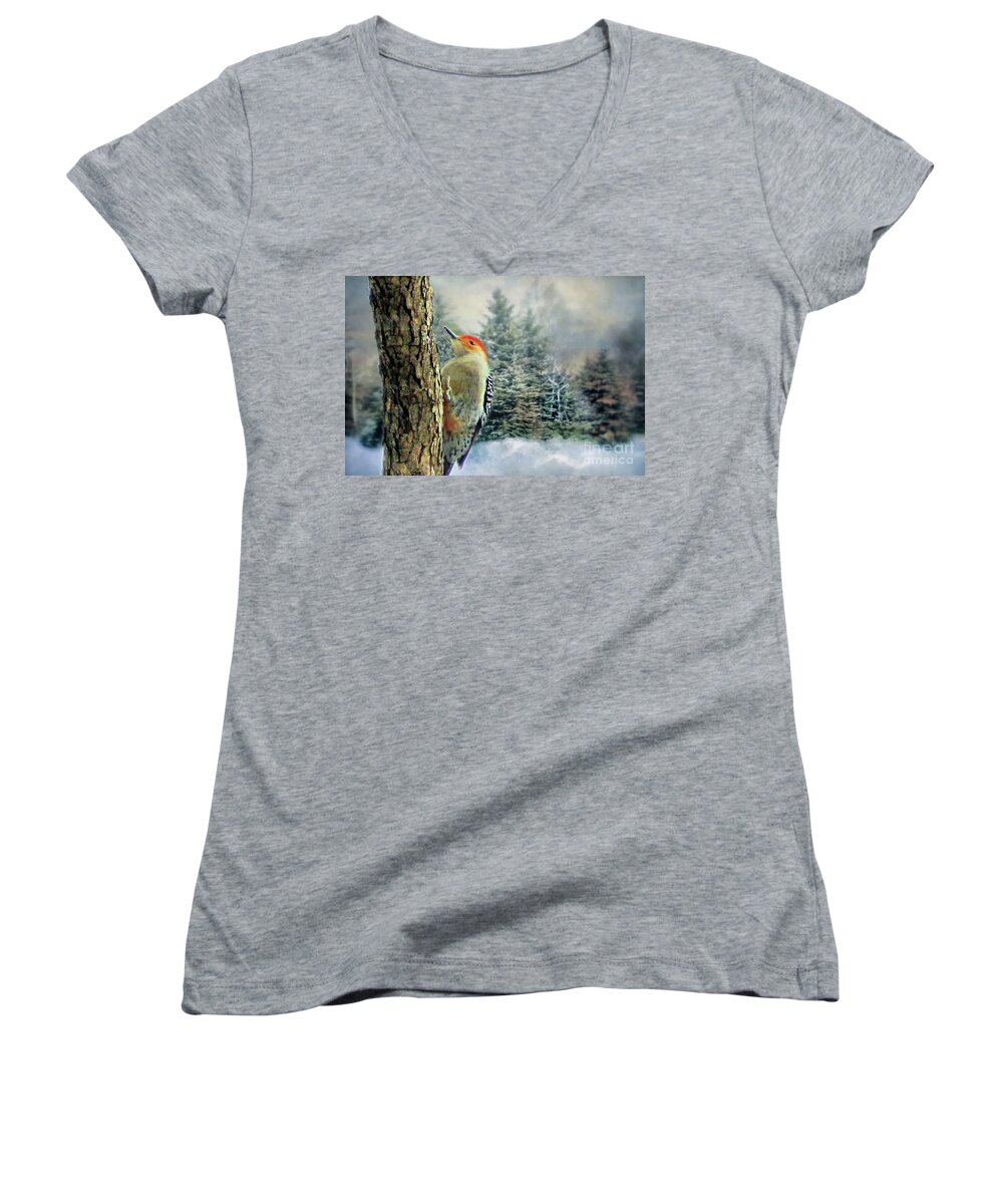 Bird Women's V-Neck featuring the photograph Red Bellied Woodpecker by Janette Boyd