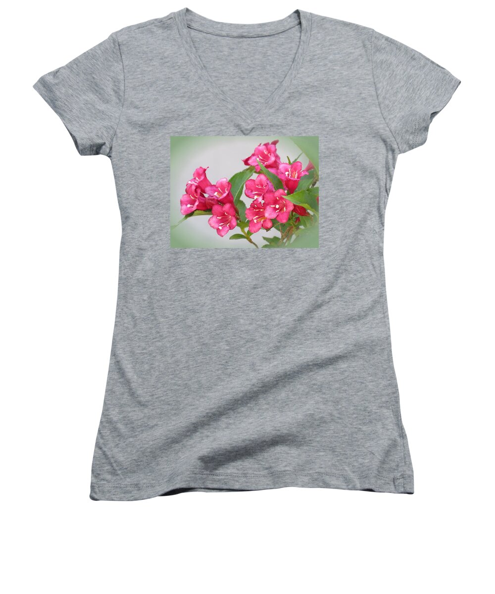 Weigela Women's V-Neck featuring the photograph Red Bells by MTBobbins Photography