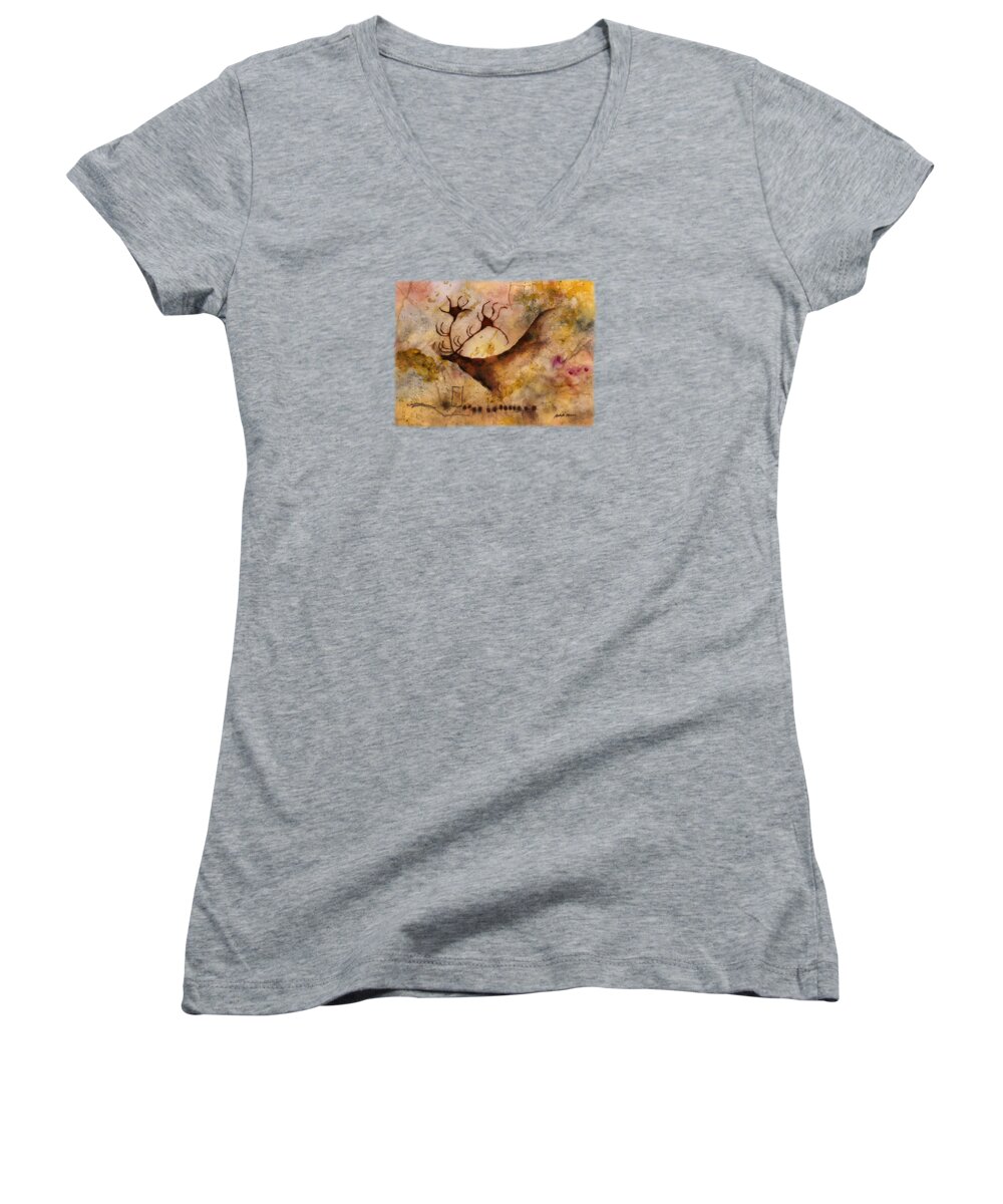 Cave Women's V-Neck featuring the painting Red Deer by Hailey E Herrera