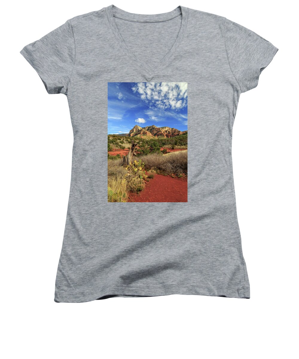 Cactus Women's V-Neck featuring the photograph Red Dirt And Cactus In Sedona by James Eddy