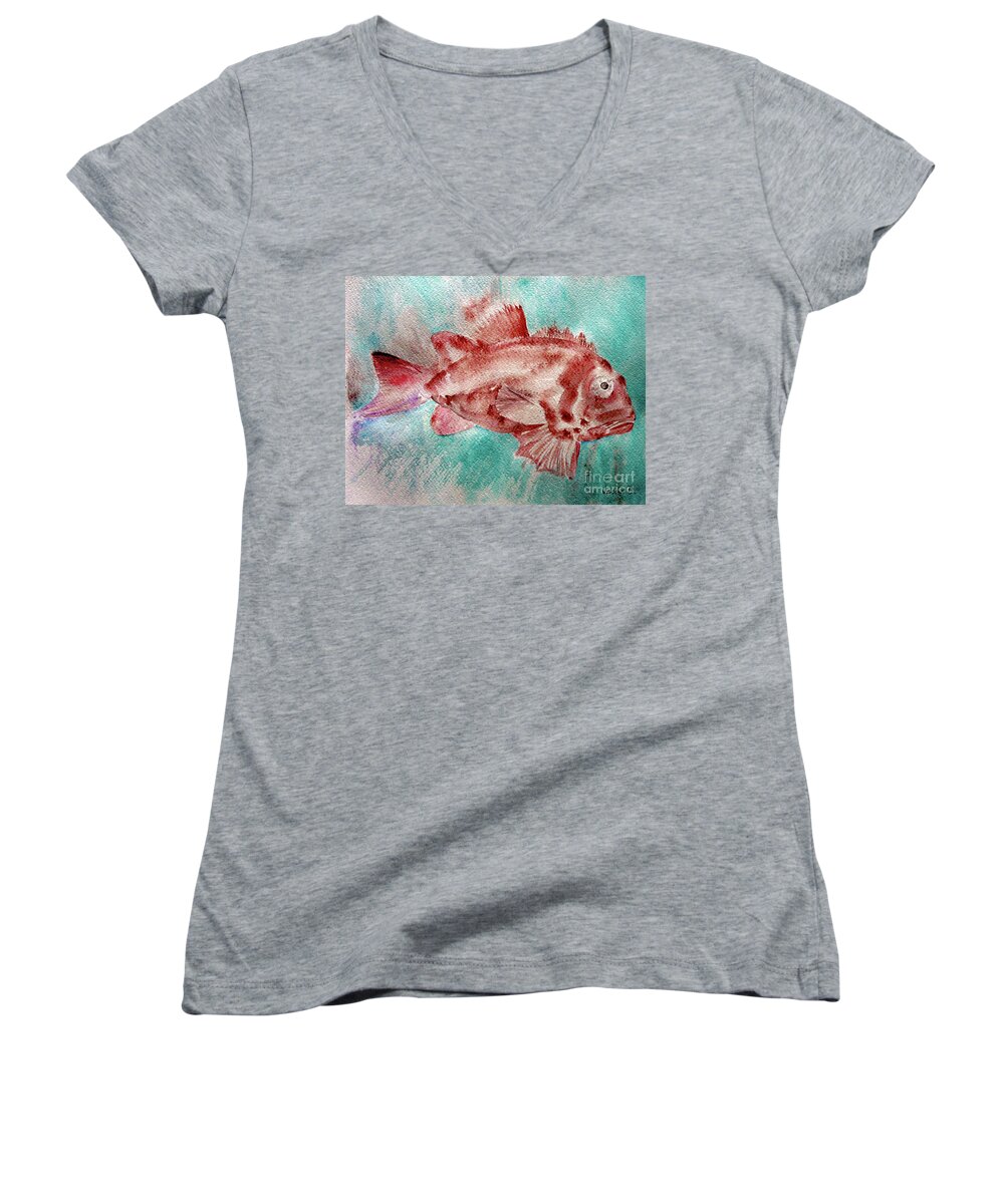 Fish Women's V-Neck featuring the painting Red fish by Jasna Dragun