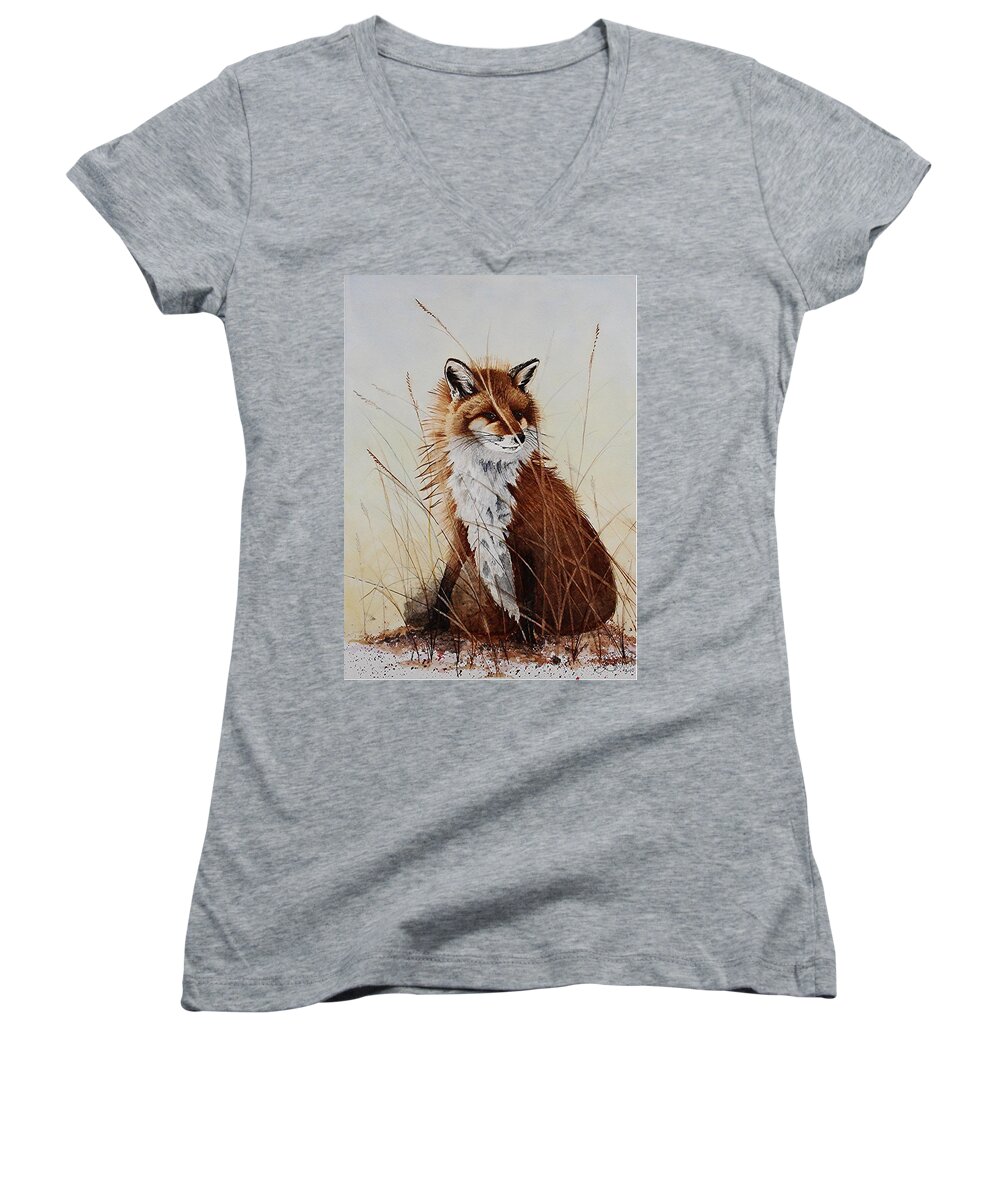 Wildlife Women's V-Neck featuring the painting Red Fox Waiting on Breakfast by Jimmy Smith