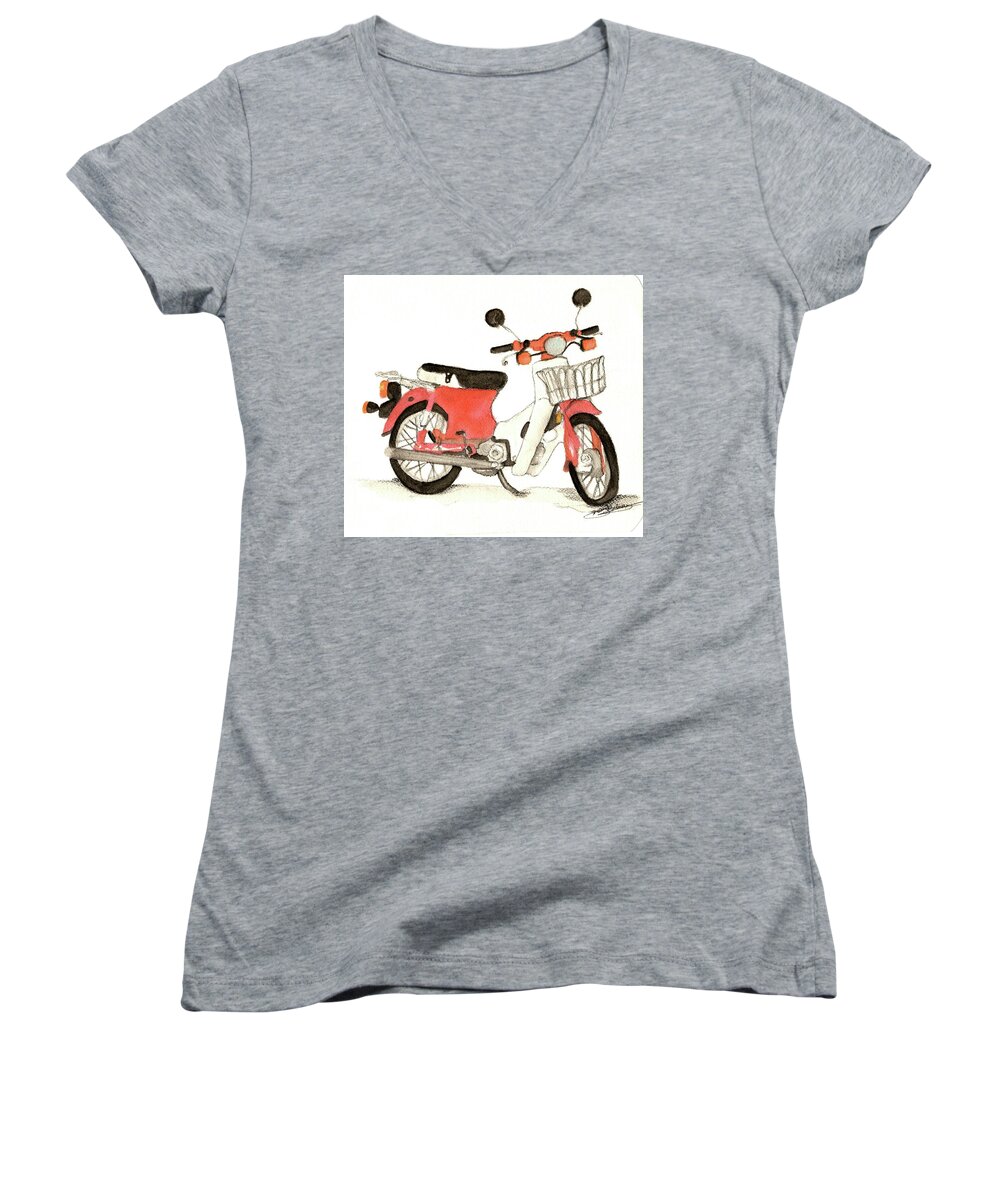 Motor Bike Women's V-Neck featuring the painting Red Motor Bike by Michelle Gilmore