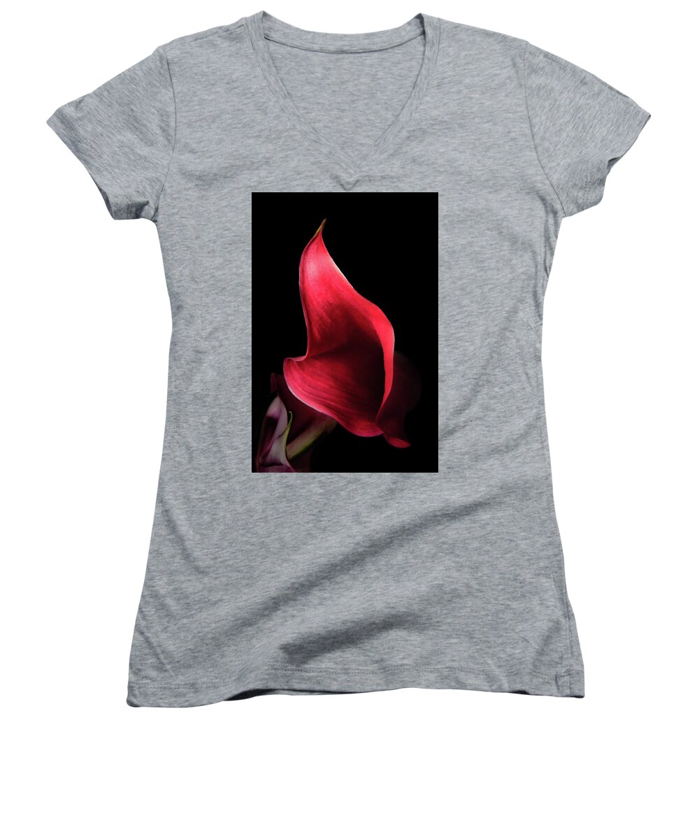10th Anniversary Women's V-Neck featuring the photograph Red Passion on Black by Joni Eskridge