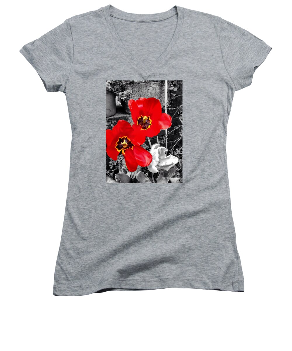 Red Tulips Women's V-Neck featuring the photograph Red Poppy Tulips Colour Splash by Joan-Violet Stretch