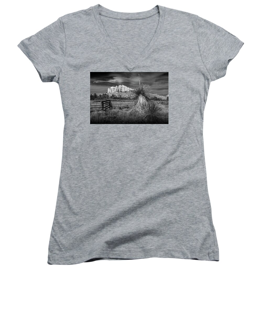 Arizona Women's V-Neck featuring the photograph Red Rock Formation in Sedona Arizona in Black and White by Randall Nyhof