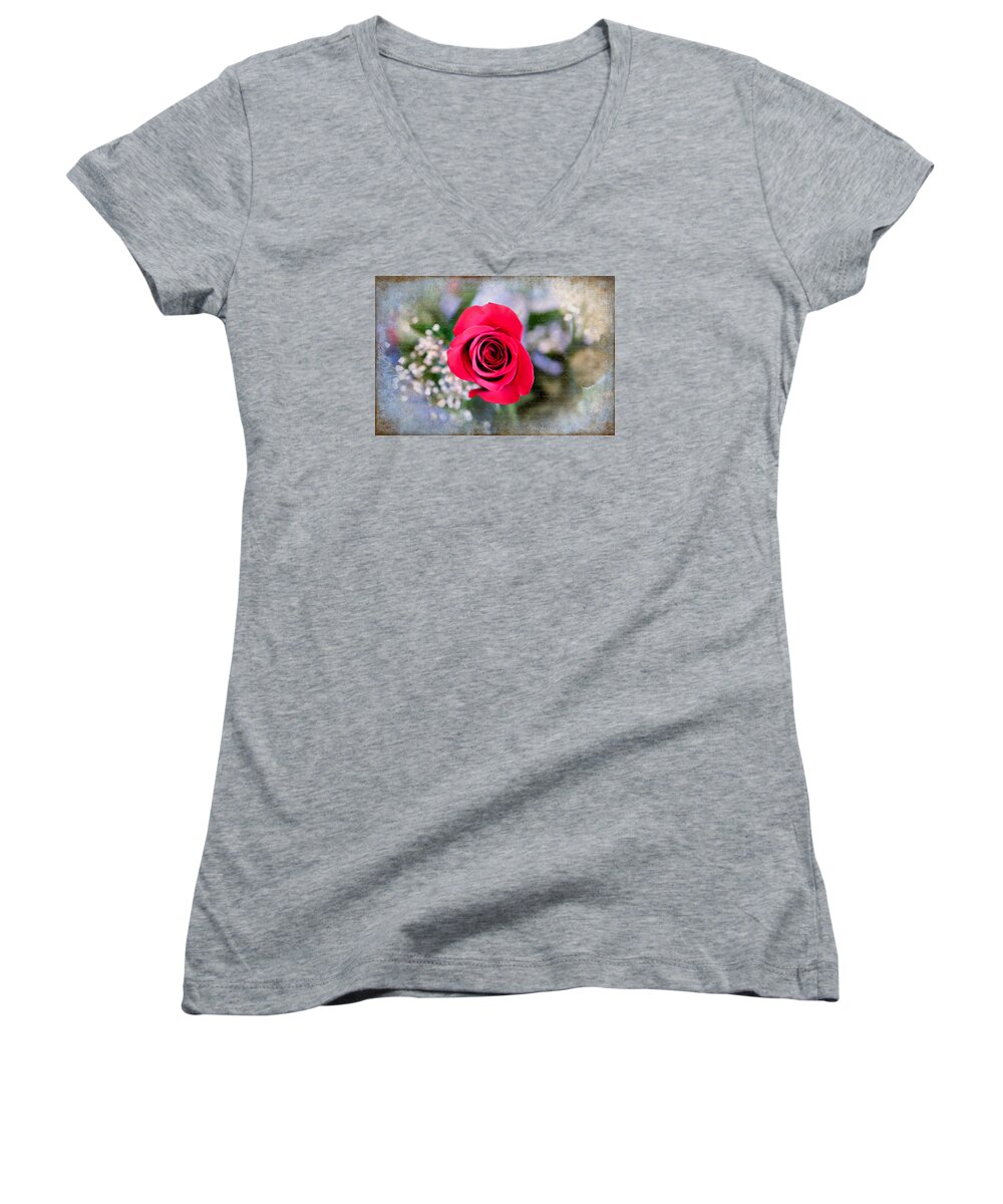 Rose Women's V-Neck featuring the photograph Red Rose Elegance by Milena Ilieva