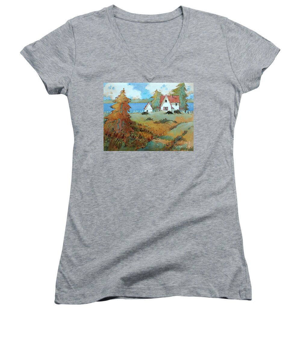 Bay Women's V-Neck featuring the painting Red Shutters by Joyce Hicks