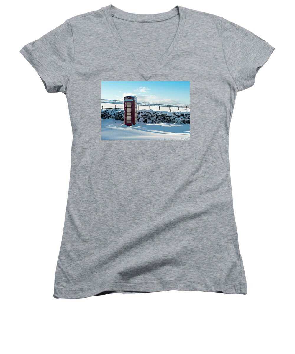 Red Telephone Box Women's V-Neck featuring the photograph Red Telephone Box in the Snow v by Helen Jackson
