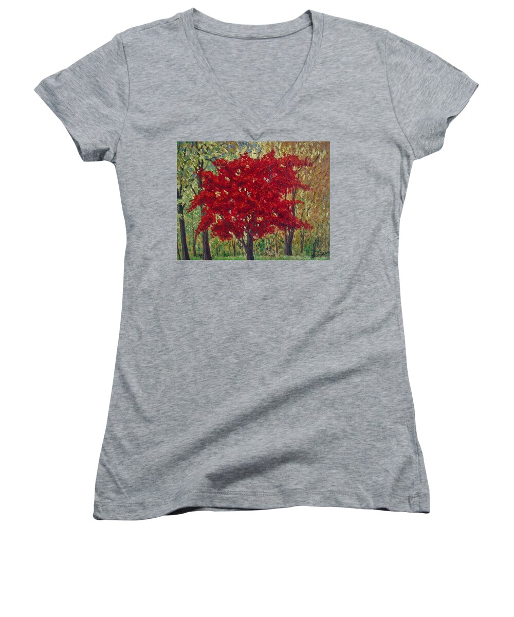 Impressionistic Women's V-Neck featuring the painting Red Tree by Stan Hamilton II