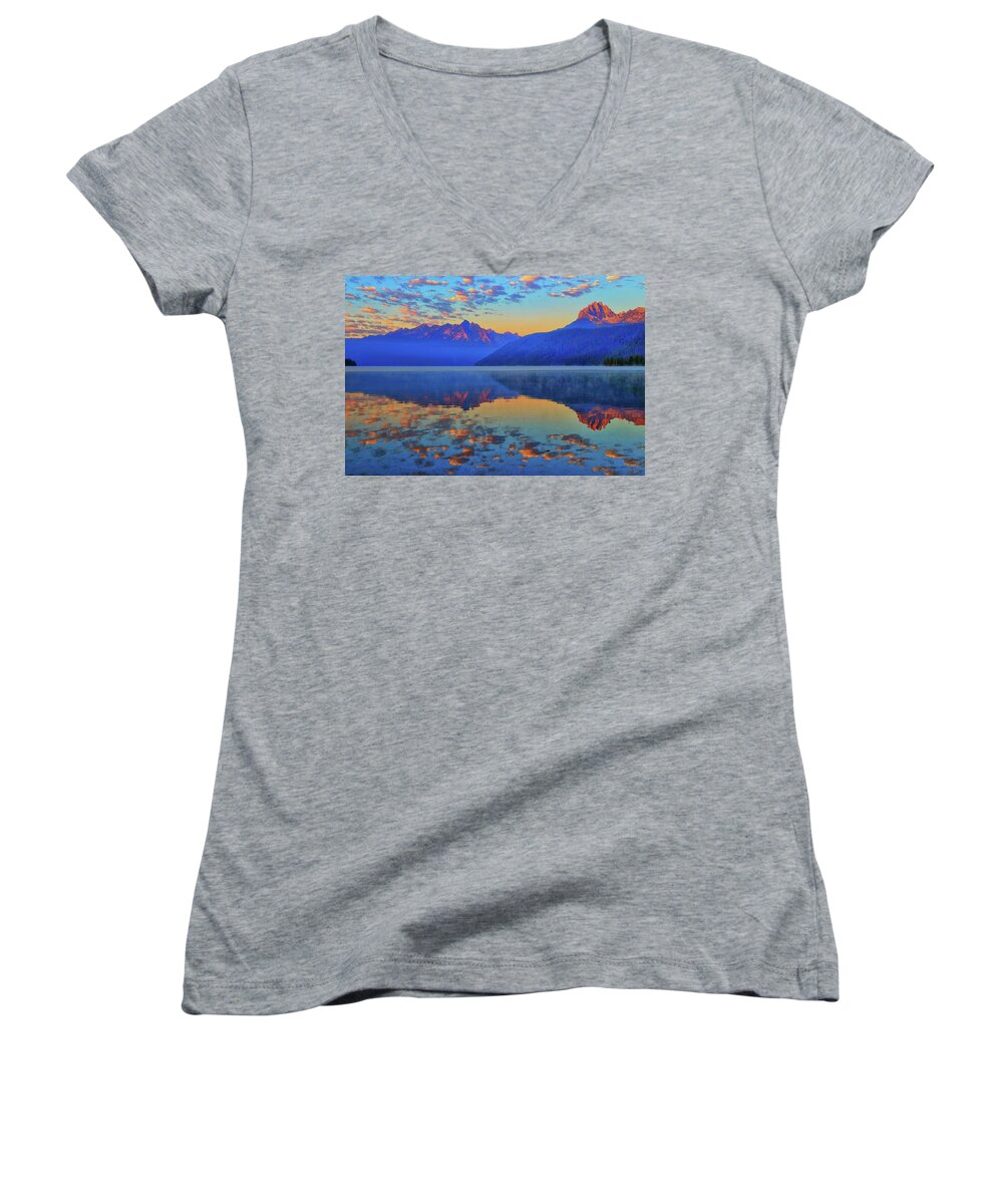 Redfish Lake Women's V-Neck featuring the photograph Redfish Lake Morning Reflections by Greg Norrell