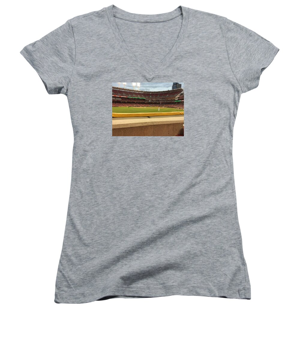 Sports Women's V-Neck featuring the photograph Reds baseball by Erin Mintchell