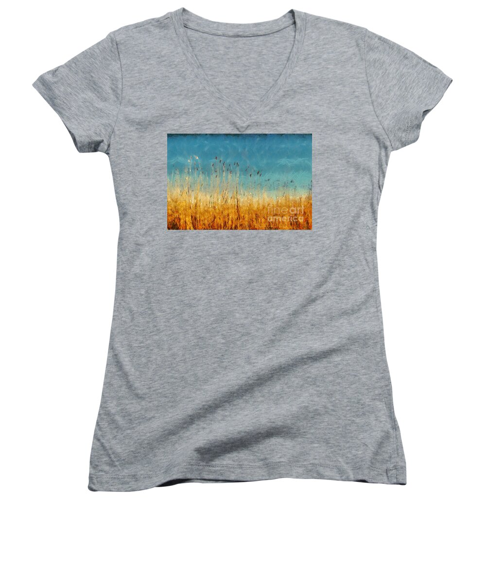 Landscape Women's V-Neck featuring the painting Reeds Lake Landscape Painting by Dimitar Hristov
