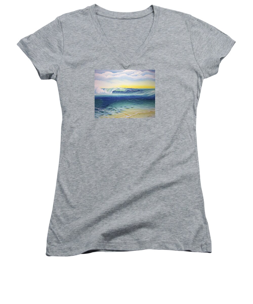 Surf Art Women's V-Neck featuring the painting Reef Bowl by William Love
