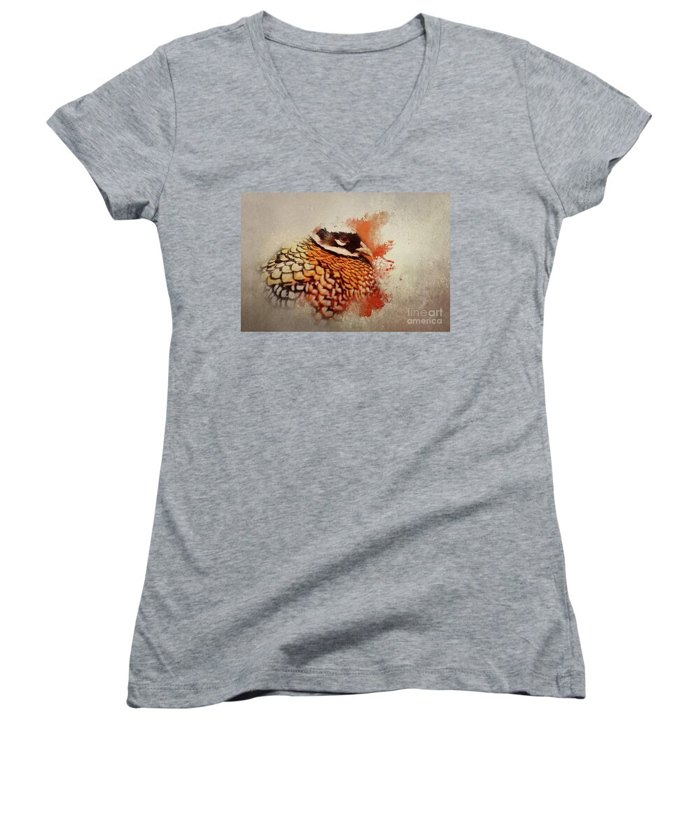 Reeve's Pheasant Women's V-Neck featuring the mixed media Reeve's Pheasant by Eva Lechner