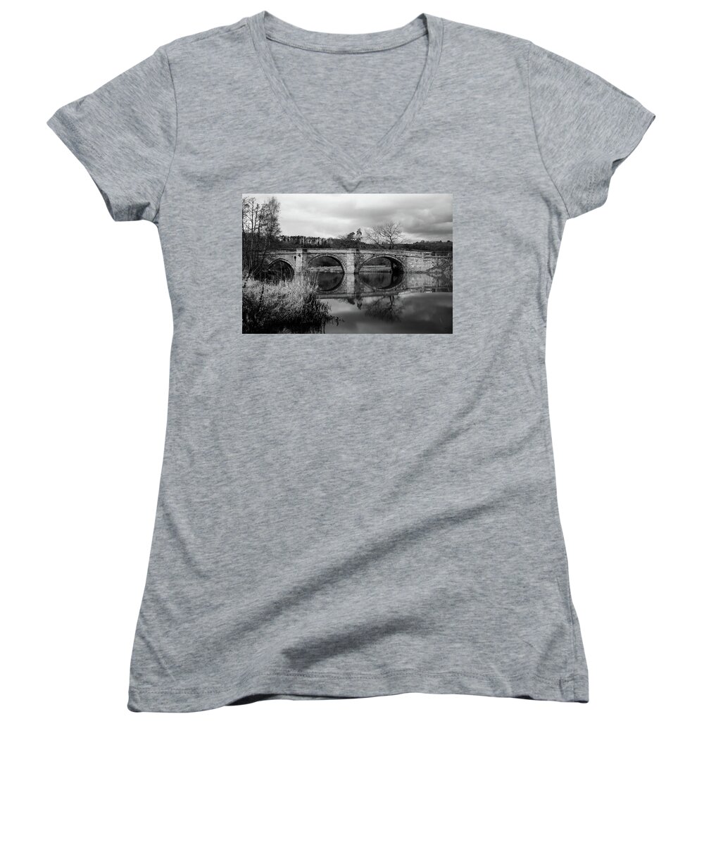 B & W Women's V-Neck featuring the photograph Reflecting Oval Stone Bridge in Blanc and White by Dennis Dame