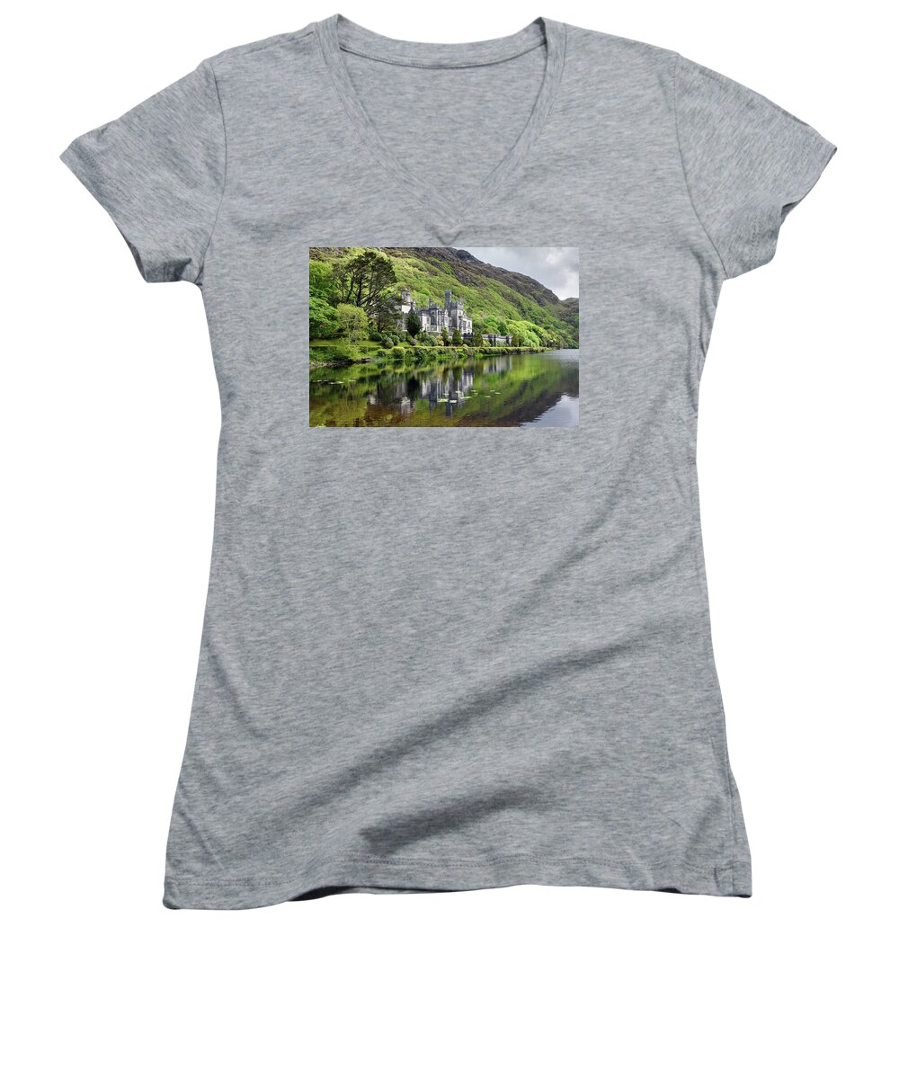 2016 Women's V-Neck featuring the photograph Reflections of Kylemore Abbey by Chris Buff