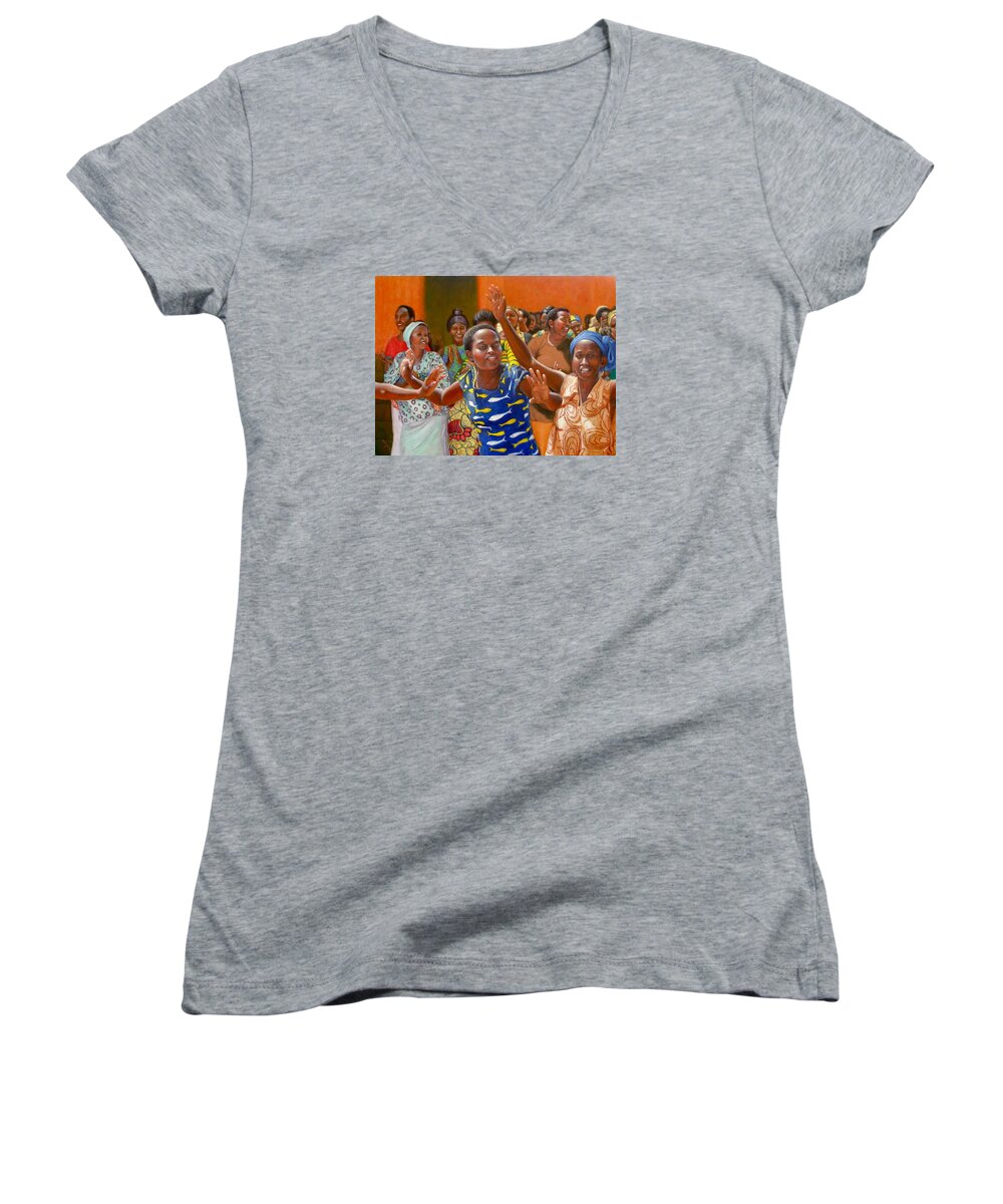 Realism Women's V-Neck featuring the painting Rejoice by Donelli DiMaria