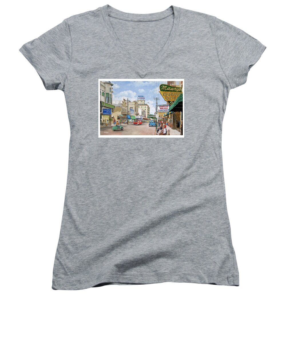 Duval St. 1950s Key West Women's V-Neck featuring the painting Remembering Duval St. by Bob George