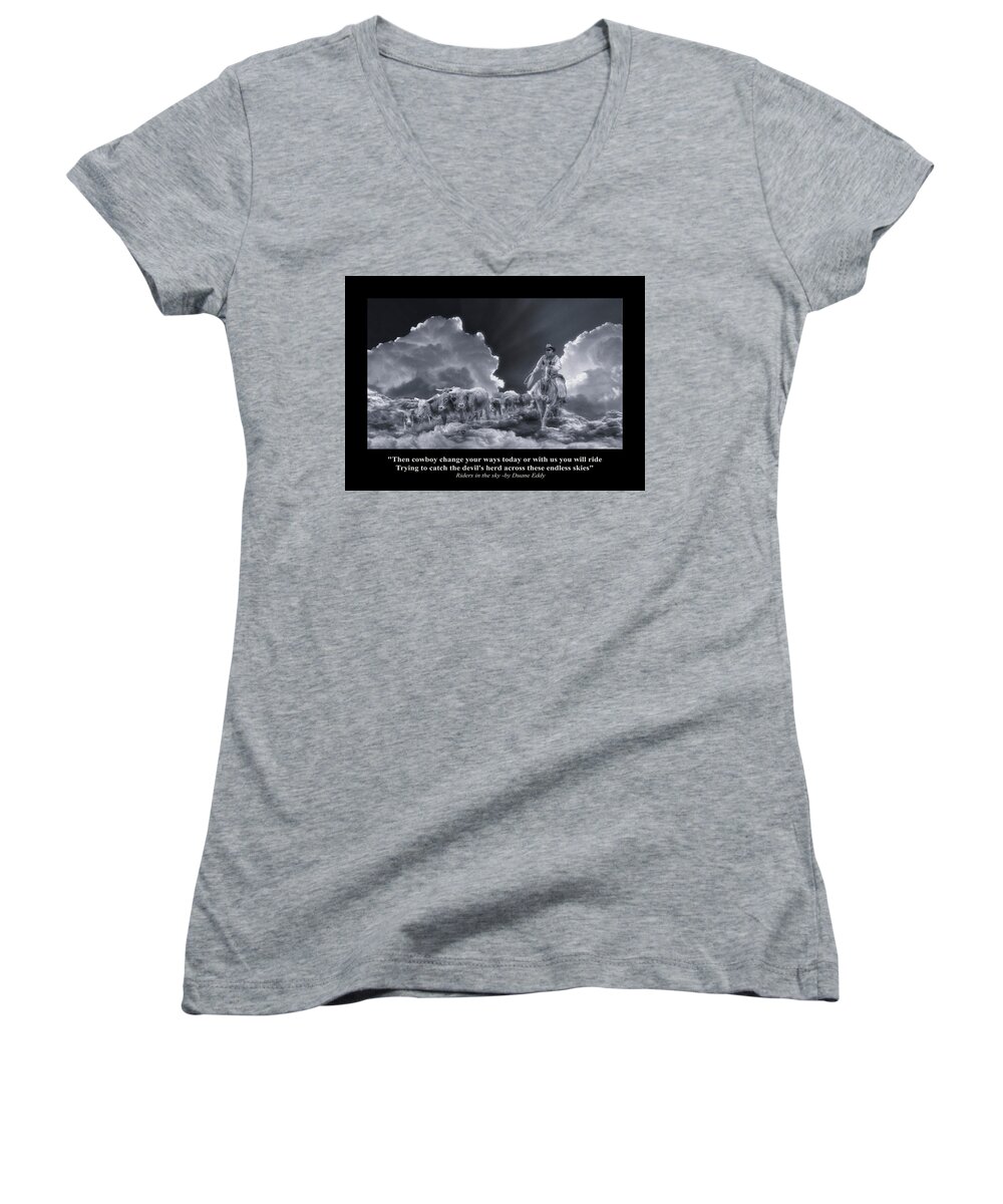 Spirit Women's V-Neck featuring the digital art Riders in the Sky BW by Rick Mosher