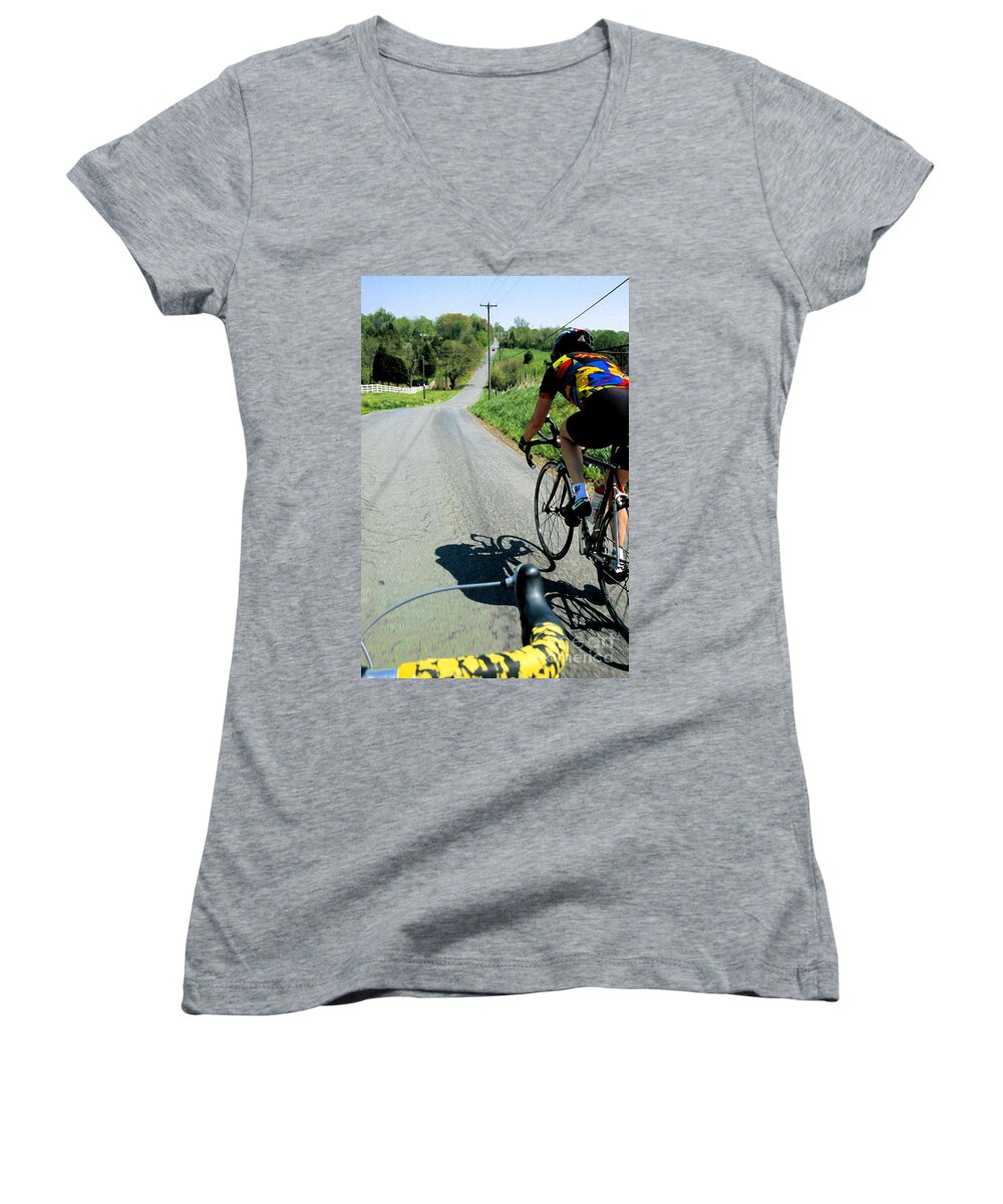 Cycling Women's V-Neck featuring the digital art Riding Down Sugarland Road by William Kuta