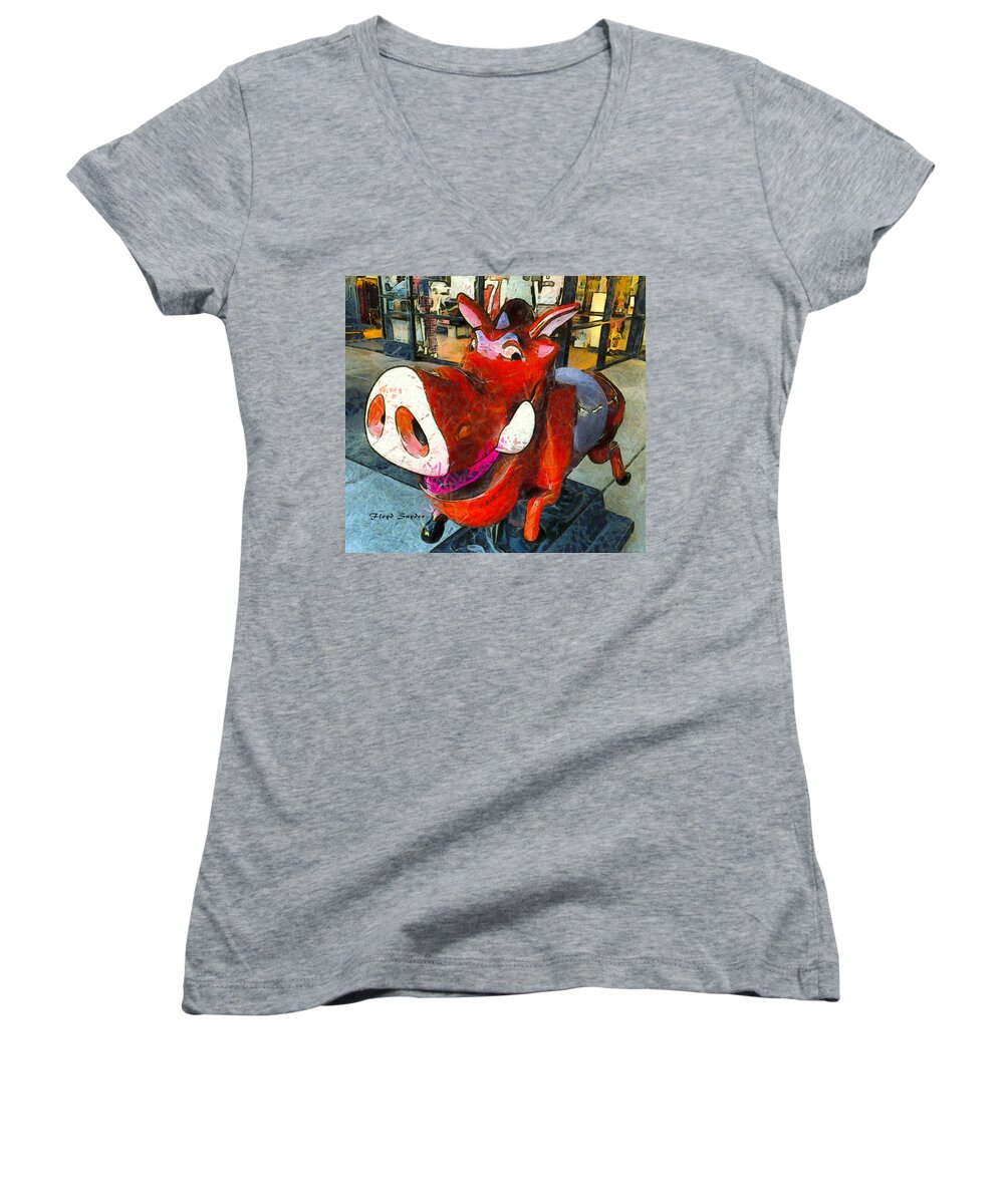 Pig Women's V-Neck featuring the photograph Riding Pig of Pismo Beach by Floyd Snyder