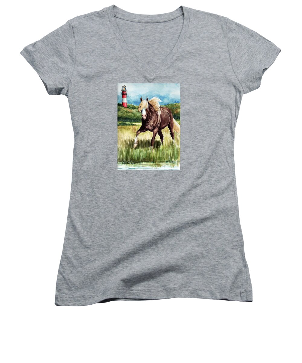 Chincoteague Pony Women's V-Neck featuring the painting Riptide by Linda L Martin