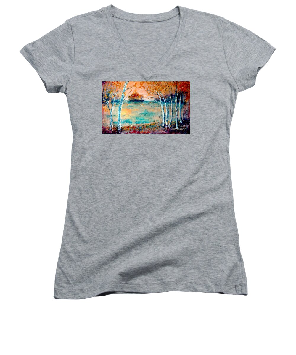River Women's V-Neck featuring the painting River Island by Melanie Stanton