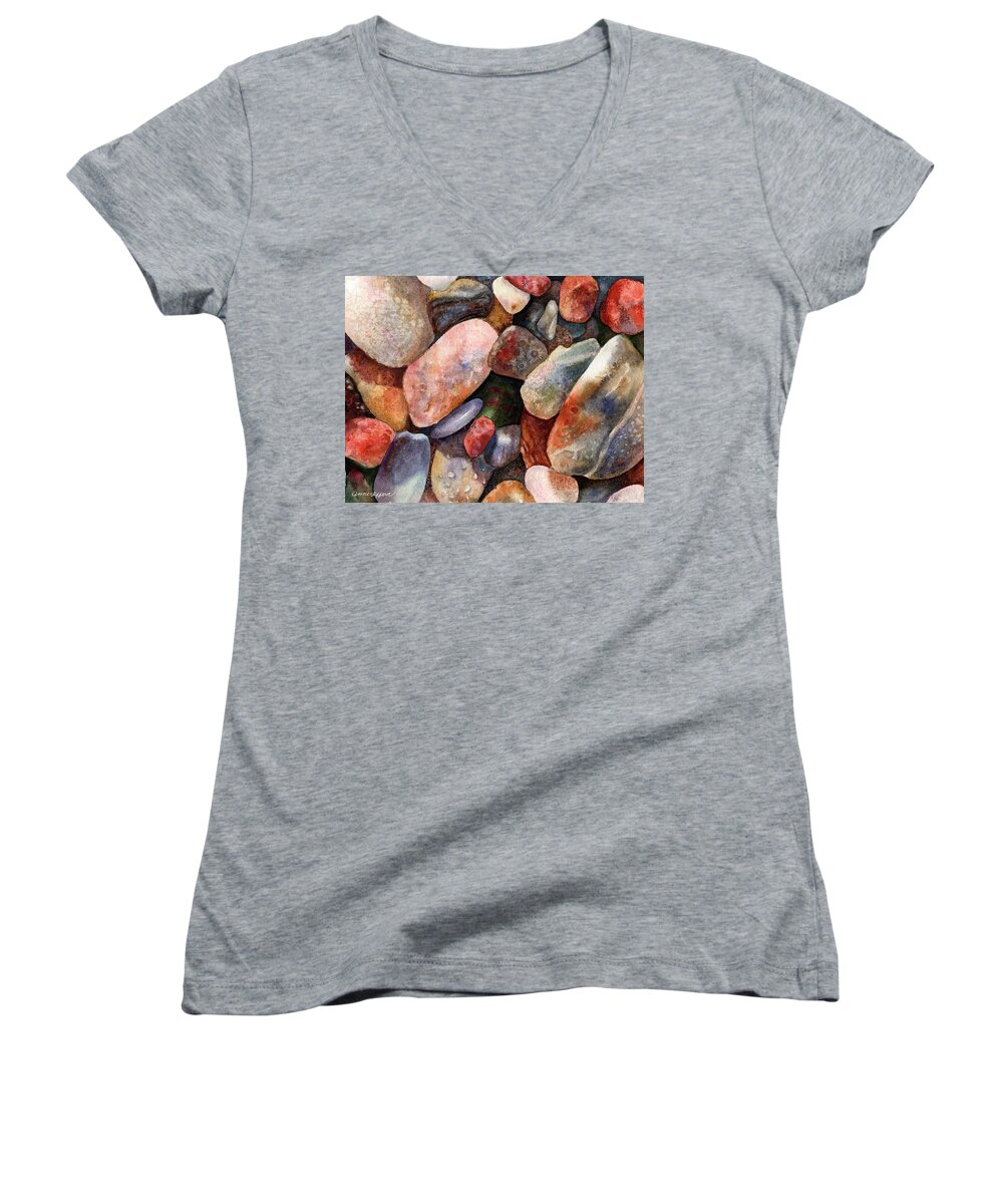 Rock Painting Women's V-Neck featuring the painting River Rocks by Anne Gifford