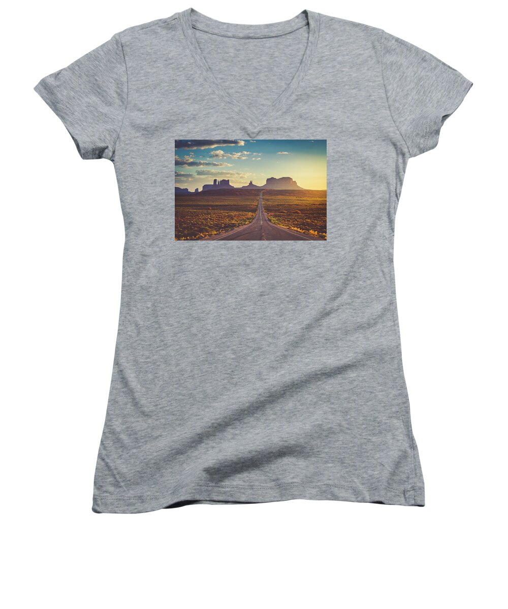 America Women's V-Neck featuring the photograph Road to Monument Valley Forest Gump Point by Teri Virbickis