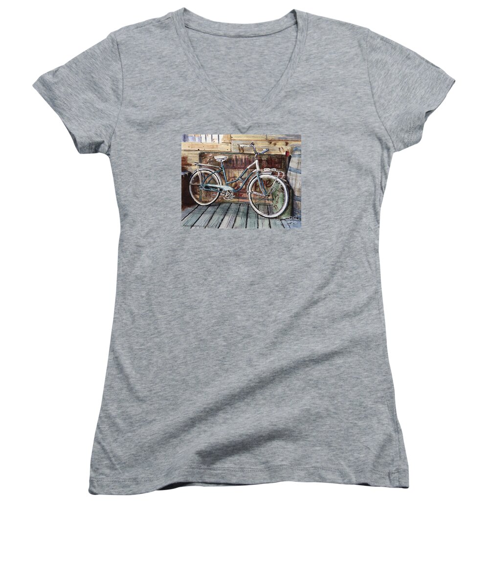 Vintage Women's V-Neck featuring the painting Roadmaster Bicycle by Joey Agbayani