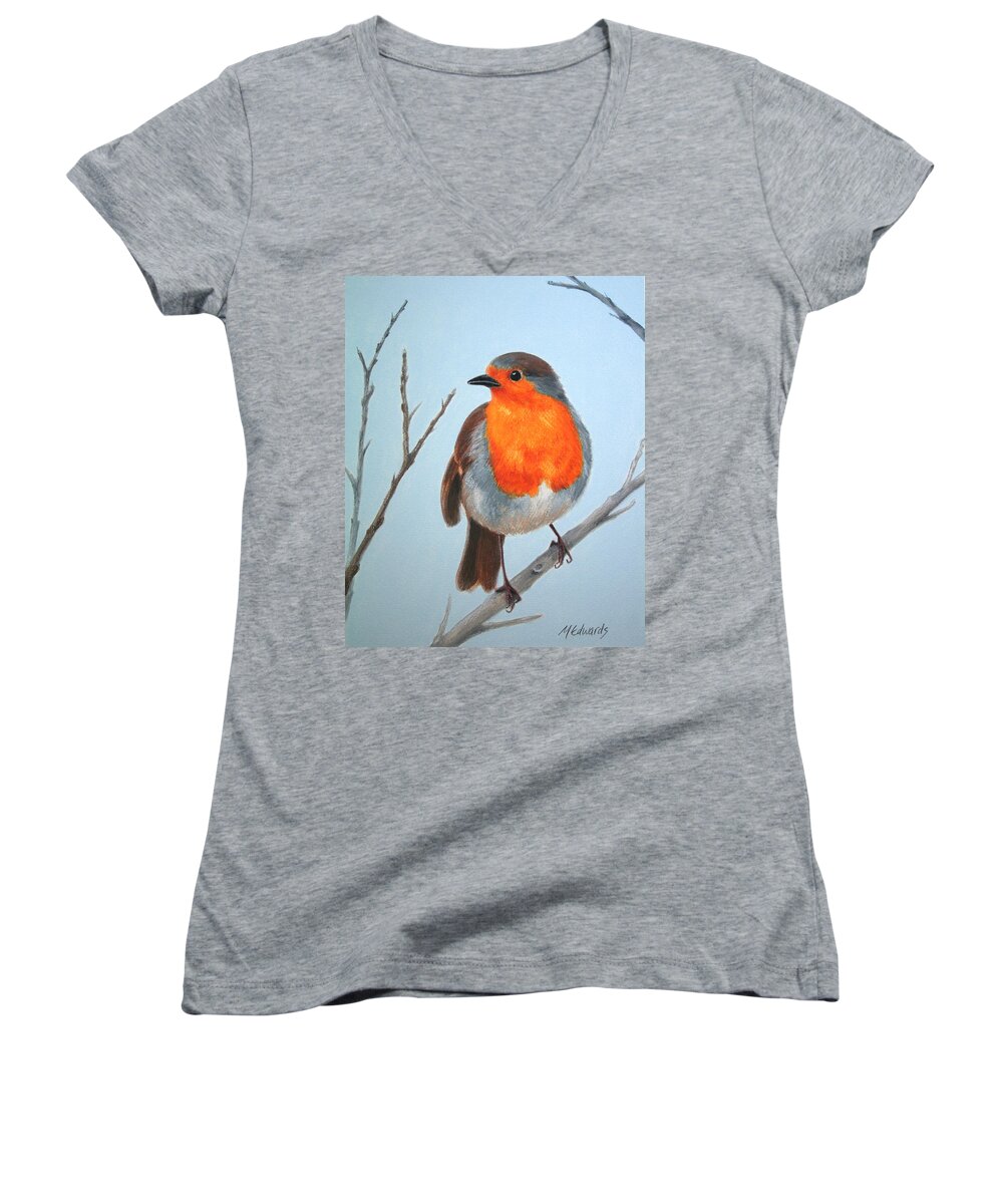 Robin Women's V-Neck featuring the painting Robin in the Tree by Marna Edwards Flavell