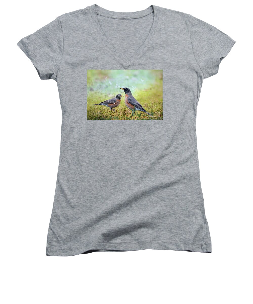 American Robins Women's V-Neck featuring the photograph Robins, Heralds of Spring by Bonnie Barry