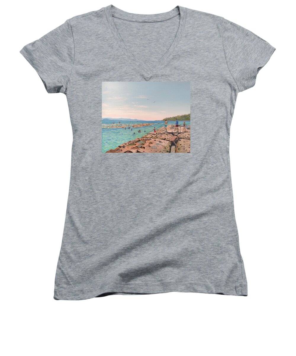 Australia Women's V-Neck featuring the painting Rock pool at Currarong by Anne Gardner