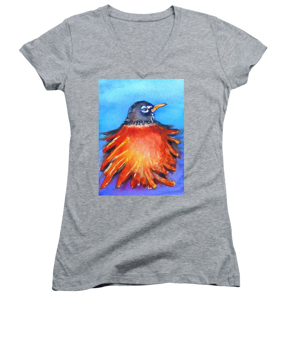 Bird Women's V-Neck featuring the painting Rockin Robin by Patricia Piffath