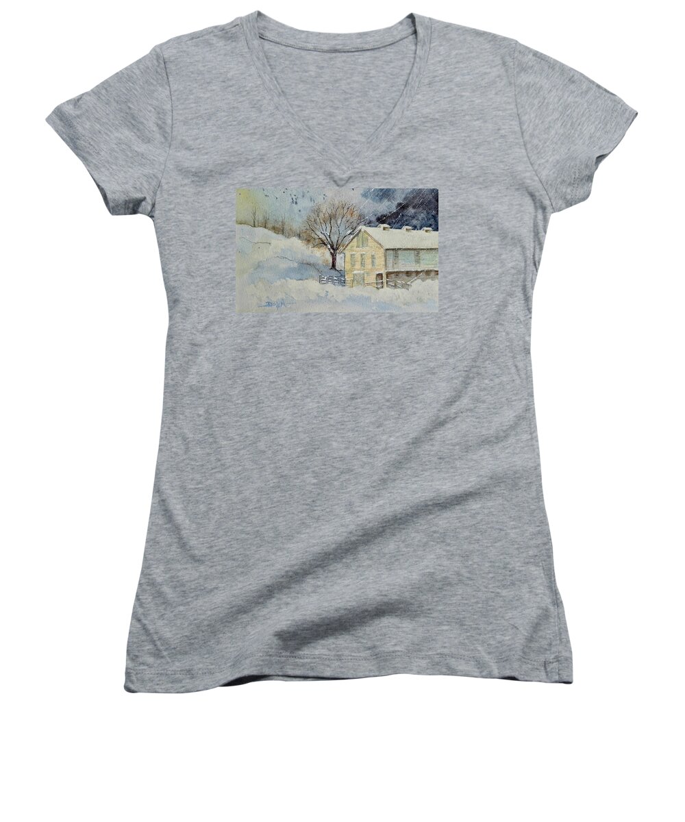 Farm Women's V-Neck featuring the painting Rockville Farm in Snowstorm by Pat Dolan