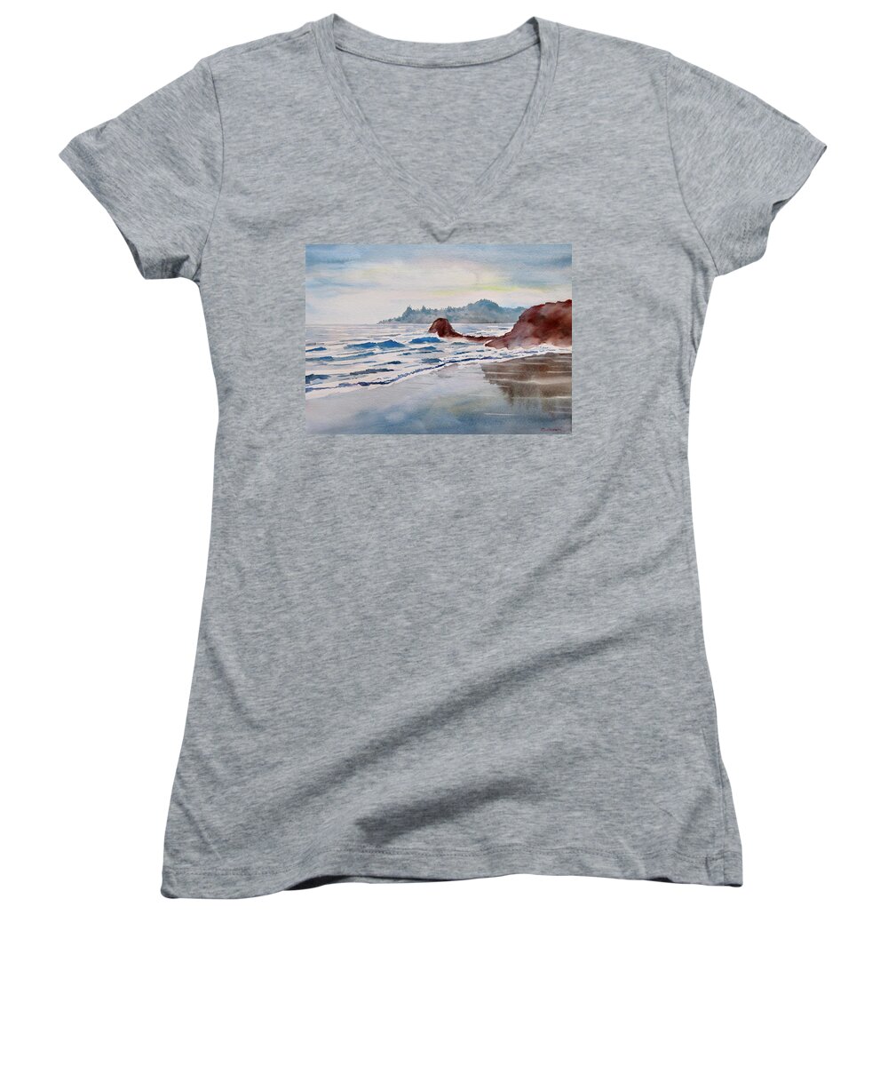 Painting Women's V-Neck featuring the painting Rocky Beach by Geni Gorani